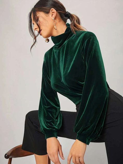 High Neck Lantern Sleeve Velvet Top | SHEIN USA Velvet Shirts Women, Green Velvet Clothes, Green Velvet Top Outfit, Velvet Blouse Outfit, Velvet Top Pattern, High Neck Top Outfit, Velvet Tops For Women, Velvet Outfits For Women, Velvet Tops Outfit