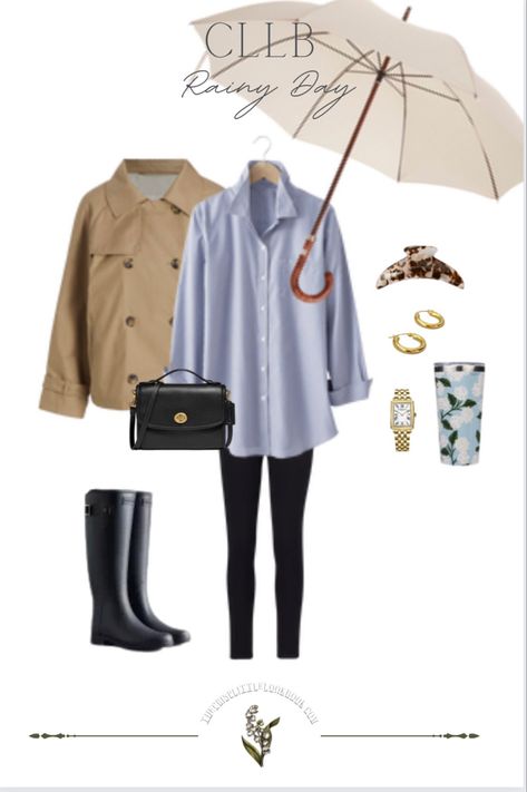 Rainy Weather Office Outfit, Casual Spring Rainy Day Outfits, Jeans And Rain Boots Outfit, Rainy Day Sightseeing Outfit, Rainy Day Outfit Inspiration, Rainy Saturday Outfit, Rain Work Outfit Rainy Days, Rainboot Outfits Spring, Autumn Outfits Rainy Days