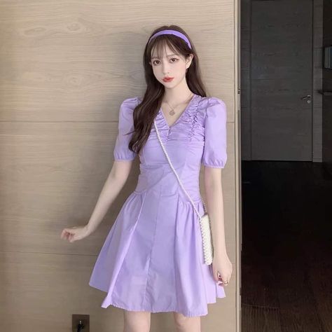 Korean Purple Dress, Purple Dress Aesthetic, Pastel Outfits Aesthetic, Violet Outfits, Baby Mehndi, Sp Characters, Baby Mehndi Design, Cute Korean Outfits, Cute Casual Dress