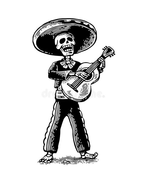 Mexican Guitar Tattoo, Skeleton Sombrero Tattoo, Mariachi Tattoo Design, Skull Mariachi Tattoo, Skeleton Mariachi Tattoo, Tattoo Mexican Culture, Mexican Tattoos Men, Dia De Los Muertos Tattoo Ideas Men, Skeleton Playing Guitar Tattoo