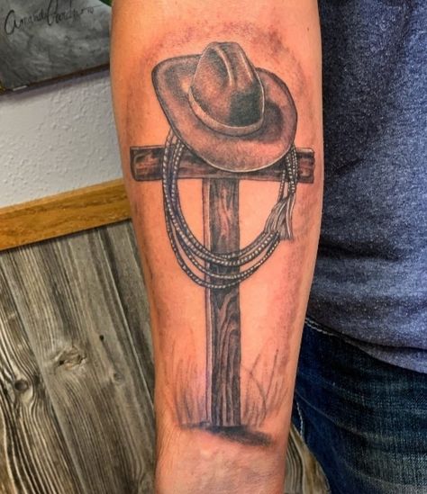 Cross With Antlers Tattoo, Men’s Arm Sleeve Tattoo Western, Western In Memory Tattoos, Southern Arm Tattoos, Cowboy Tattoos For Men Forearm, Cowboy Tribute Tattoo, Country Chest Tattoos For Men, Western Tattoos Forearm, Texas Tattoo For Men Ideas