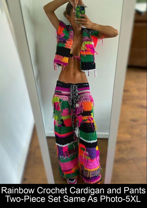 Rainbow Crochet Cardigan and Pants Two-Piece Set Same As Photo-S #crochet #ideas Rave Crochet, Crochet Bra Cup, Crochet Jumpsuits, Crochet Outfits, Rave Fits, Crochet Men, Crochet Bra, Macrame Knots Pattern, Crochet Pants