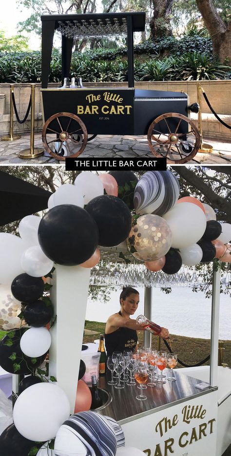 Find out even more info on "gold bar cart styling". Browse through our web site. Caravan Bar Wedding, Wedding Bar Cart Ideas, Mobile Bartending Ideas, Mobile Bar Decor, Wedding Mobile Bar, Mobile Bartending Business, Wedding Bar Cart, Black And White Bar, Gold Bar Cart Styling