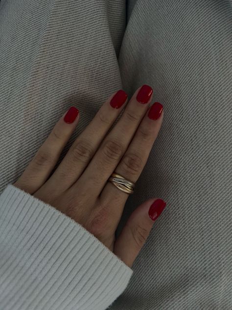 red nails - red - nails - cartier ring - ring - trinity ring - classic ring - low exposure - red nail theory - fall - fall nails Cartier Trinity Ring Small, Red Ring Aesthetic, Trinity Cartier, Expensive Girl, Red Nail Theory, Nail Theory, Cartier Trinity Ring, Low Exposure, Cartier Love Ring