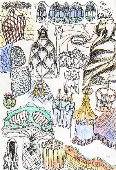 sketch of architectural elements from Gaudi buildings... apt art Fairy City, Paper Mosaics, Gaudi Art, Gaudi Mosaic, Gaudi Buildings, Form Architecture, Casa Mila, Casa Batllo, Gaudi Architecture