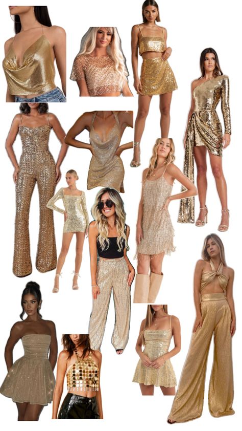 Bachelorette theme night - all that glitters is gold Bachelorette Theme Night, Glitz And Glam Outfit Ideas, Glitz And Glam Outfit, Bachelorette Outfit Themes, Glitter Bachelorette Party, Gold Theme Party, Miami Bachelorette Party, Gold Bachelorette Party, Bachelorette Theme