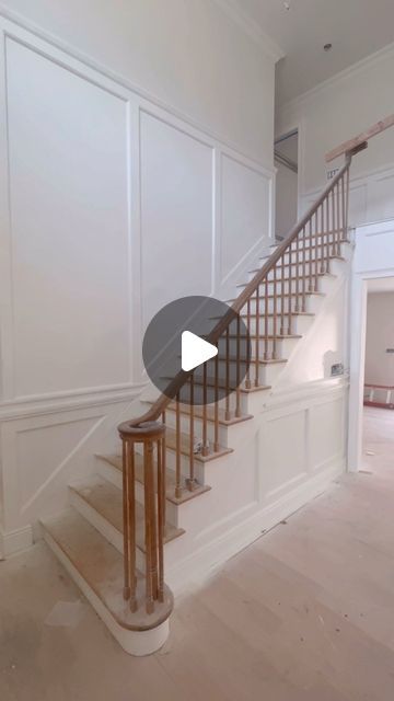 The Cozy Colonial | DeAnna Martino on Instagram: "So happy to be partnering with @dutchessmillwork for our staircase. They custom make all stair parts including balusters, newels, and railings by taking your inspiration pictures and turning them into reality. Excited to take you all through the process in the coming weeks.   #homerenovation #colonial #beforeandafter #interiordesigner #colonialhome #renovationproject #millwork #millworkdesign #woodwork #homedecor #homedesign #foyer #entryway #traditional #traditionaldecor #interiordesign #home #homesweethome #stairs #staircase #staircasedesign #instahome #housesofinstagram" Entryway Decor Traditional, Chair Rail On Stairs, Stairs That Turn, Waynes Coating Stairway Staircases, Historic Home Staircase, Updated Colonial Staircase, Modern Colonial Staircase, Staircase Trim Molding, Stairs In Front Of Door Entryway