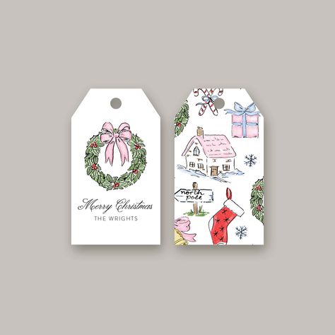 "These personalized and whimsical tags feature an adorable Christmas wreath with a winter wonderland scene. Perfect for families who savor the art of gift wrapping and creating lasting holiday memories! AVAILABLE BOW COLORS: Pink, Blue, Red (Select one at checkout) SIZE: 2 x 3.5 inches PAPER QUALITY: Personalized gift tags are printed on #110 smooth ultra-white paper in full color, on both sides.  GOOD TO KNOW: Gift tags have a 3/16\" drilled hole at the top and come with a string to hang them. The hang string is a white cotton twine (which may be different than the hang string pictured in listing photos). PERSONALIZATION Gift tags can be personalized to suit your needs. Please enter your personalization details at checkout. *Please note that I do not typically send a design proof of your Gift Tag Outline, Holiday Name Tags, Santa Tags, Christmas Gift Stickers, Cute Gift Tags, Christmas Stationary, Christmas Name Tags, Christmas Gift Tags Personalized, Coquette Christmas