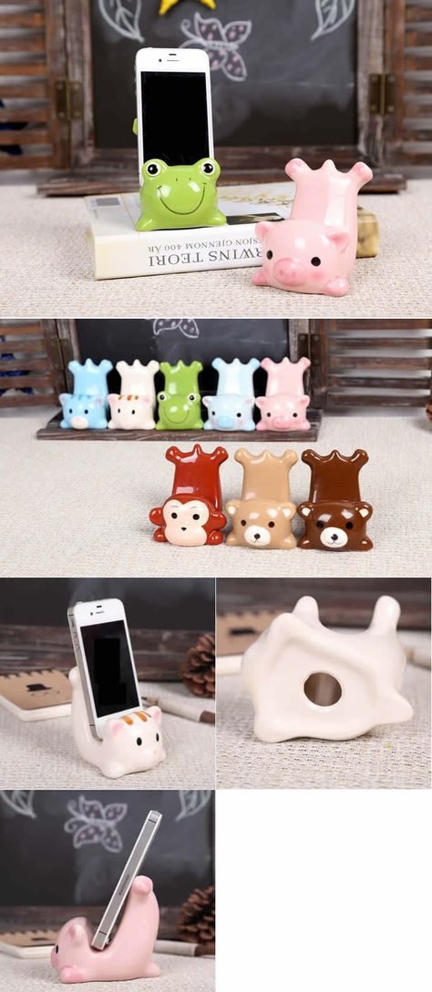 Base de cerámica en forma de animalitos para tu smartphone Desk Phone Holder, Iphone Holder, Iphone Stand, Cell Phone Stand, Ceramic Animals, Fimo Clay, Sculpting Clay, Polymer Clay Projects, Cell Phone Holder