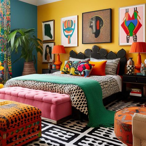 12+ Innovative Bedroom Pop Design Ideas to Try • 333+ Images • [ArtFacade] Colourful Bedrooms Ideas, Boho Funky Bedroom, Pop Art Bedroom Decor, Good Vibes Bedroom Ideas, Colorful Bedroom With Black Furniture, Bright Guest Room, Ecletic Decoration Bedroom, Black And Colorful Bedroom, Colorful Small Bedroom