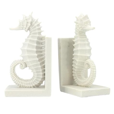 Galt Intl Poly Marble Seahorse Book End White 8.3" w/Anti-Slip Pads - Bookshelf Shelves Sea Horse Coastal Beach Statue for Home Decor Stone-Like Matte Finish Seahorse Design, Decorative Bookends, Book Ends, Coastal Charm, Ceramic Ideas, Themed Decor, Stone Decor, Ocean Inspiration, Pet Furniture