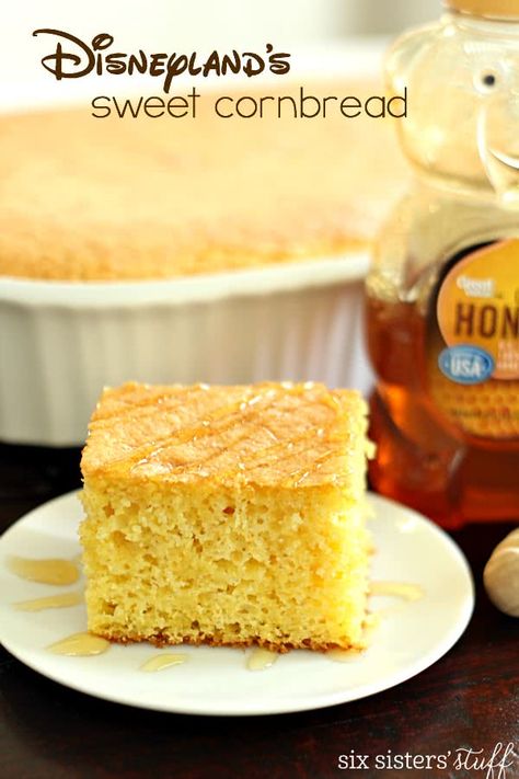 Disneyland's Sweet Cornbread | Six Sisters' Stuff Disney Cornbread Recipe, Cake Mix Cornbread, Cornbread With Cake Mix Recipe, Famous Daves Cornbread, Disneyland Recipes, Jiffy Recipes, Cowboy Cooking, Cornmeal Recipes, Easy Cornbread Recipe