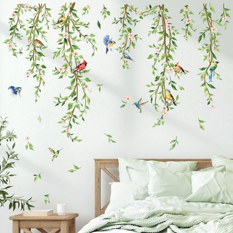 Tiles Furniture, String Lights In The Bedroom, Accent Wall Designs, Plants Leaves, Nursery Room Design, Flower Wall Decals, Vine Wall, Wall Stickers Bedroom, Tv Background