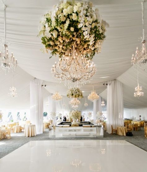 Floral Chandeliers, Wedding Reception Dance Floor, White Dance Floor, Karen Tran, Gatsby Gala, Wedding Reception Lighting, White Dance, Dance Floor Wedding, Wedding Lighting