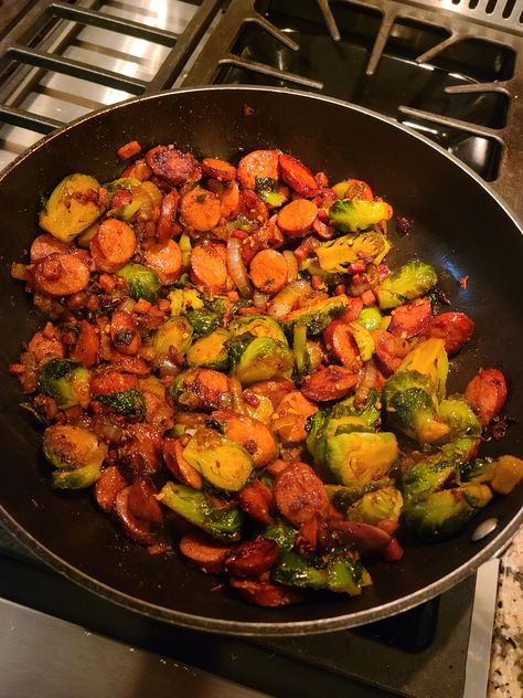 Sausage And Brussel Sprouts, Caramelized Brussel Sprouts, Chili Onion Crunch, Crunch Recipe, Trader Joes Recipes, Lime Cheesecake, Best Pasta Recipes, Smoked Sausage, Trader Joe