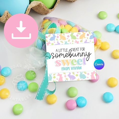 "ADD NAME IN CANVA, DOWNLOAD + PRINT INSTANTLY! - 'A little treat for SOMEBUNNY sweet' - These pretty pastel Easter Bunny Tags (2.5\"x 2.5\") are perfect for your sweets, treat bags & all types of Easter holiday treats! Attach to bags of candy & treats for teachers, classmates, friends & family ♥ Print on cardstock and attach with ribbon, or print on sticker paper and attach to your treat ♥ ------------------------------- YOU MAY ALSO LIKE: ------------------------------- ♥ Our Most popular EASTER Tags & Cards: https://etsy.me/412PFY0 ♥ Little treat for SomeBUNNY sweet: https://thesugarbakery.etsy.com/listing/1414375580 ♥  Happy Easter ROUND Pastel Tags:  https://www.etsy.com/ca/listing/1211552731 ♥ Happy Easter Vibrant Tags: https://www.etsy.com/ca/listing/1190168136 ♥ Happy Easter Zigzag Treats For Teachers, Cookie Tags, Easter Bunny Treats, Easter Gift Tag, Easter Cookie, Bunny Treats, Candy Treats, Pastel Easter, Paper Trimmer