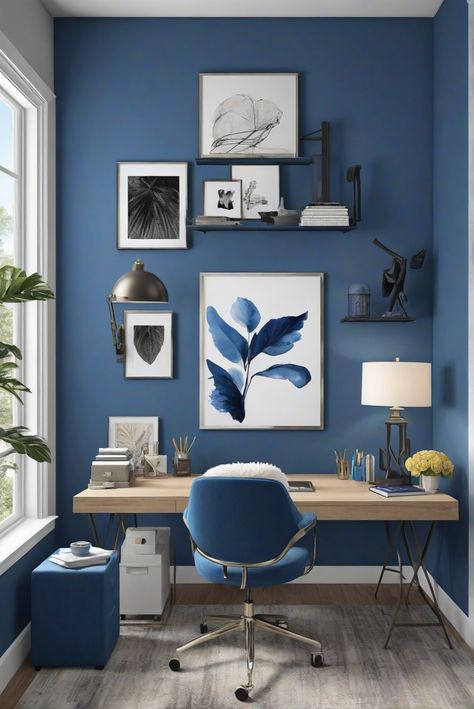 Experience the soothing harmony of Blue Note (2129-30) through the best color combinations of 2024, designed for daily interior routines with musical inspiration. #Ad #homedecor #homedesign #trendgirlApartment #Painthome #interiorarchitecture Wall Colors Green Room Colors Bright Room office Colors Apartment Renovation Home office Remodeling Modern Paint Colors 2024 Blue Accent Office, Home Office Ideas Blue, Blue Wall Office Ideas, Office Colors Ideas, Blue Study Room, Blue Office Interior, Home Office Wall Color, Home Office Wall Color Ideas, Blue Office Design