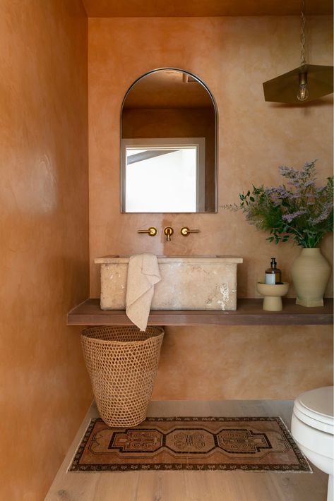 Scout & Nimble Blog | Interior Design Home Tours, Inspiration & More Spanish Moroccan Bathroom, Spanish Style Guest Bathroom, Adobe Bathroom Ideas, Spanish Powder Bathroom, Desert Style Bathroom, Hacienda Style Kitchen Spanish Colonial, Bathroom Mediterranean Style, Spanish Villa Bathroom, Mexican Modern Bathroom