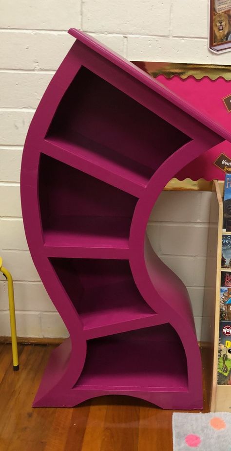 Dr. Seuss bookshelves Weird Bookshelves, Dr Seuss Furniture, Funky Painted Shelves, Weird Furniture Diy, Funky Bookcase, Funky Bookshelves, Whimsical Bookshelves, Novelty Furniture, Cool Bookshelf