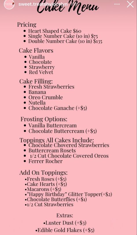 Baking Business Menu Ideas, Baking Small Business Ideas, Cake Page Name Ideas, Cupcake Pricing Chart, Bakery Ideas Business, Treat Pricelist, Treat Maker Business, Treats Price List, Cake Business Plan