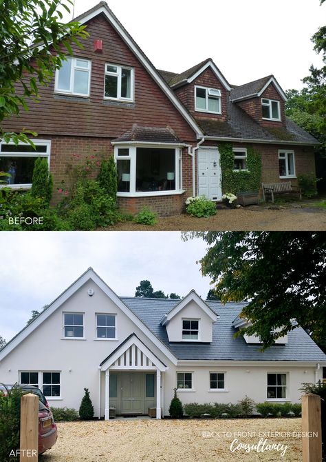 This 1960's home has been renovated inside and out. To create kerb appeal, the original tile hanging, roof covering and UPVC windows were removed.   A new entrance and porch was designed to balance the house and new timber windows and doors have been installed to create warmth and charm.   To see more on this project, please visit our website www.backtofrontexteriordesign.com 1960s Exterior Remodel, 1960s Renovation House, Cladded House Exterior, Bungalow Remodel Exterior, House Rendering Ideas, Curb Appeal Uk, Rendered House Exterior, Bungalow Exterior Makeover, Cladding House Exterior