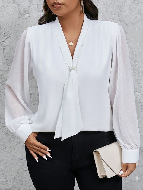 Plus Size Women's Elegant Pearl Collar Decor Work Commute Daily Chiffon Textured Slim Fit White Blouse, Spring Autumn White Elegant  Long Sleeve Woven Fabric Plain Top Non-Stretch  Women Plus Clothing, size features are:Bust: ,Length: ,Sleeve Length: Corporate Tops Blouses, Corporate Blouses For Women, Defense Outfit, Fitted White Blouse, Moda China, White Chiffon Tops, Work Commute, Corporate Dress, Pearl Collar