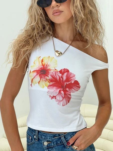 New Neck Aesthetic, Fit Summer, Summer T Shirts, Aesthetic Flower, Summer Streetwear, Women Y2k, Off Shoulder Fashion, Y2k Streetwear, Graphic Tops