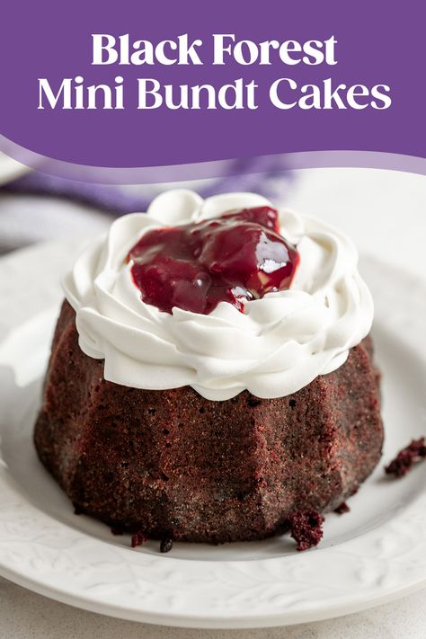 black forest mini bundt cakes Black Forest Mini Bundt Cake, Chocolate Cherry Mini Bundt Cakes, Best Mini Bundt Cake Recipes, Mini Bundt Cake Ideas, Black Forest Bundt Cake, Mini Black Forest Cake, Chocolate Mini Bundt Cakes, Mini Bundt Cake Recipes, Mini Chocolate Bundt Cakes