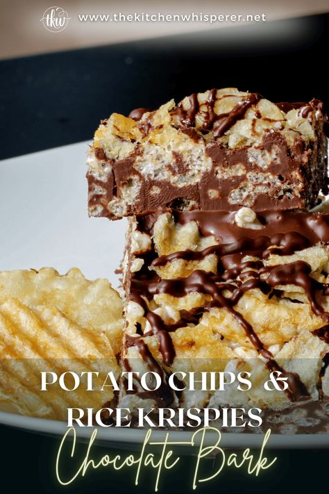 Chocolate Coated Rice Krispie Treats, Potato Chip Bark Recipes, Potato Chip Rice Krispie Treats, Gourmet Rice Krispie Treats, Potato Chip Bark, Potato Chip Chocolate, Chocolate Bark Recipes, Rice Crispy Bars, Chocolate Potato Chips