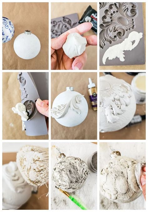 steps to make antique inspired ornaments with clay molds Faux Vintage Christmas Ornaments, Polymer Clay Covered Glass Ornaments, French Country Christmas Ornaments Diy, Plaster Christmas Ornaments, Shabby Chic Christmas Ornaments Diy, Diy Antique Ornaments, Diy Antique Christmas Ornaments, Christmas Decoupage Ideas, Diy Decoupage Christmas Ornaments