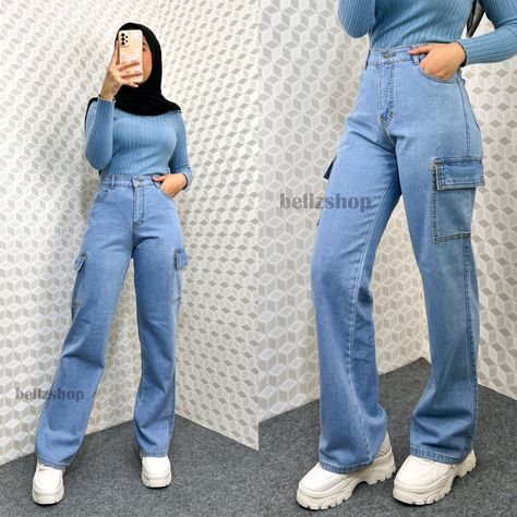 Celana Kulot Jeans Cargo Wanita Highwaist Panjang Jumbo Korean Style Keira Light Blue Premium Celana Kulot Jeans, Kulot Jeans, Celana Jeans, Jeans Cargo, Style Me, Korean Fashion, Light Blue, High Waisted, Blue