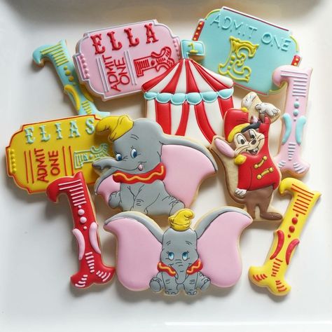 Dumbo Theme Cookies Dumbo 1st Birthday, Dumbo Party Ideas, Dumbo Baby Shower Theme, Dumbo Cake, Circus Birthday Cake, Dumbo Birthday Party, Dumbo Birthday, Theme Cookies, Circus Theme Party