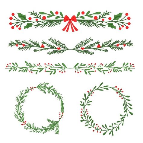 Holly Border Drawing, Wreath Doodle Christmas, Drawn Wreath Christmas, Christmas Greenery Drawing, Christmas Borders Doodle, Hand Drawn Christmas Ornaments, Christmas Garland Clipart, Christmas Wreath Drawing Simple, Christmas Garland Drawing