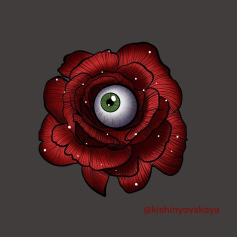 A rose and an eye creepy halloween tattoo drawing Rose Tattoo With Eye In The Middle, Creepy Rose Drawing, Creepy Rose Tattoo, Rose Eye Drawing, Halloween Rose Tattoo, Rose Creature, Flowers With Eyes Drawing, Rose With Eyeball, Flower With Eyeball