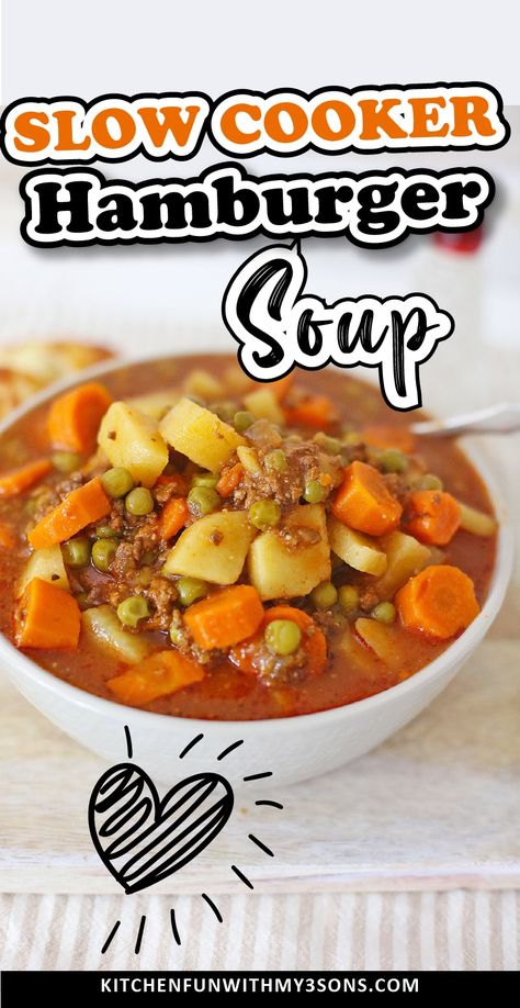 Slow Cooker Hamburger Soup is a hearty dinner recipe that's perfect for cold winter nights. #Recipes #Dinner Hamburger Soup Crockpot, Slow Cooker Hamburger Soup, Slow Cooker Hamburger, Easy Hamburger Soup, Hamburger Vegetable Soup, Crockpot Soups, Soup For Dinner, Hamburger Stew, Slow Cooker Recipes Beef