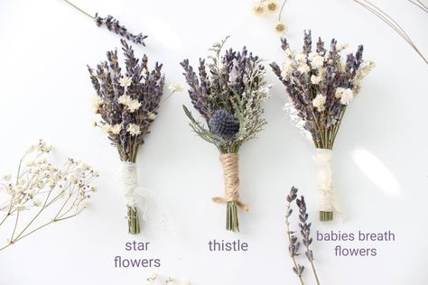 Babies Breath Boutonniere, Thistle Bouquet Wedding, Thistle Boutonniere, Thistle Bouquet, Lavender Boutonniere, Lavender Bridal Bouquet, Winter Bridal Bouquets, Lavender Bridesmaid, Purple Bridal Bouquet