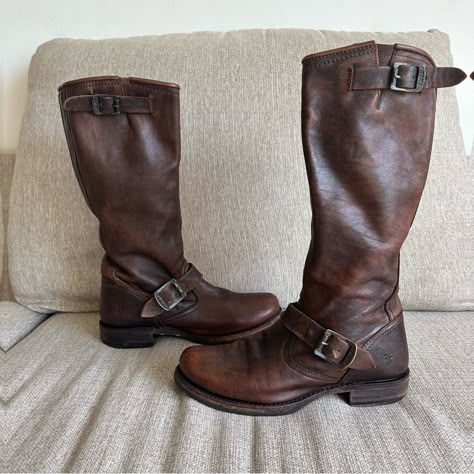 Beautiful And Perfect For Fall! Frye Veronica Tall Boots Soft Brown Leather With Lovely Patina Harness Details Good Condition, Worn A Handful Of Times. Perfectly Broken In! Some Tarnishing To Buckles, Some Scuffing To Leather And A Little Bit Of Wear To Soles. Size 9b Reasonable Offers Always Welcome!! Frye Veronica Boots, 80's Clothes, Tall Brown Leather Boots, Fit Board, Frye Veronica, Brown Knee High Boots, 80s Outfit, Fit Board Workouts, Soft Brown