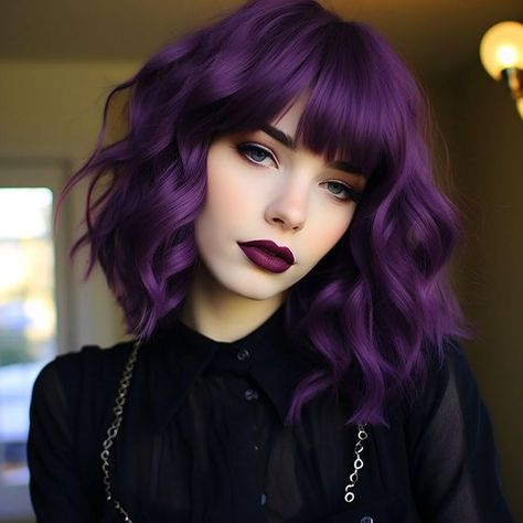 Purple Balayage With Bangs, Dark Purple Shoulder Length Hair, Costumes With Purple Hair, Purple Bob Hair, Witchy Hair Color, Purple Hair With Bangs, Wavy Shoulder Length Bob, Purple Short Hair, Halloween Hair Ideas