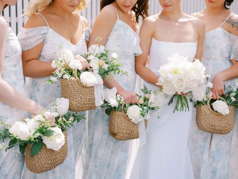 Trend Alert! Bridesmaid Basket Bouquets | OneFabDay.com Bridesmaid Basket, Romantic Garden Party, Bridesmaid Baskets, Alternative Bridesmaid, Bouquet Alternative, Blue And Blush Wedding, Winter Wedding Planning, Garden Party Theme, Unique Bouquet