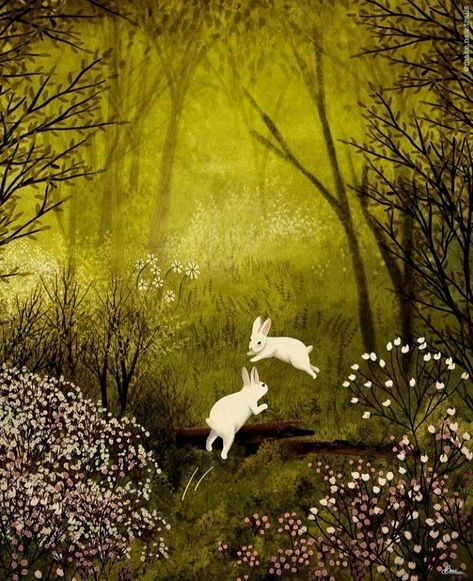 Trees And Flowers, Arte Peculiar, Storybook Art, White Rabbits, Cute Paintings, Rabbit Art, Bunny Art, Fairytale Art, Forest Art