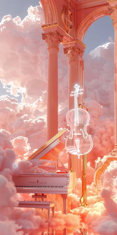 The image is a surreal and ethereal depiction of a piano and a violin. The piano is white and the violin is transparent, and both are suspended in a sea of pink clouds ->> more details in ai-img-gen.com Piano Art Aesthetic, Pink Instruments, Honeycore Aesthetic, Pink Violin, Violin Aesthetic, White Violin, Piano Wallpaper, Piano And Violin, Flock Of Crows