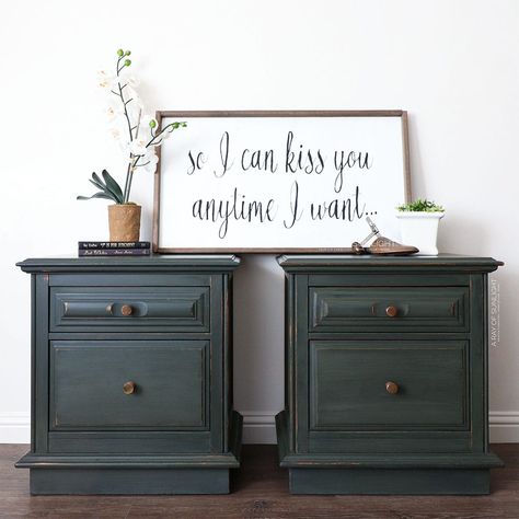 Rustic Nightstands, Green Nightstand, Diy Nightstand Makeover, Dresser Transformation, Diy Furniture Refinishing, Green Nightstands, Green Painted Furniture, Real Milk Paint, Nightstand Makeover