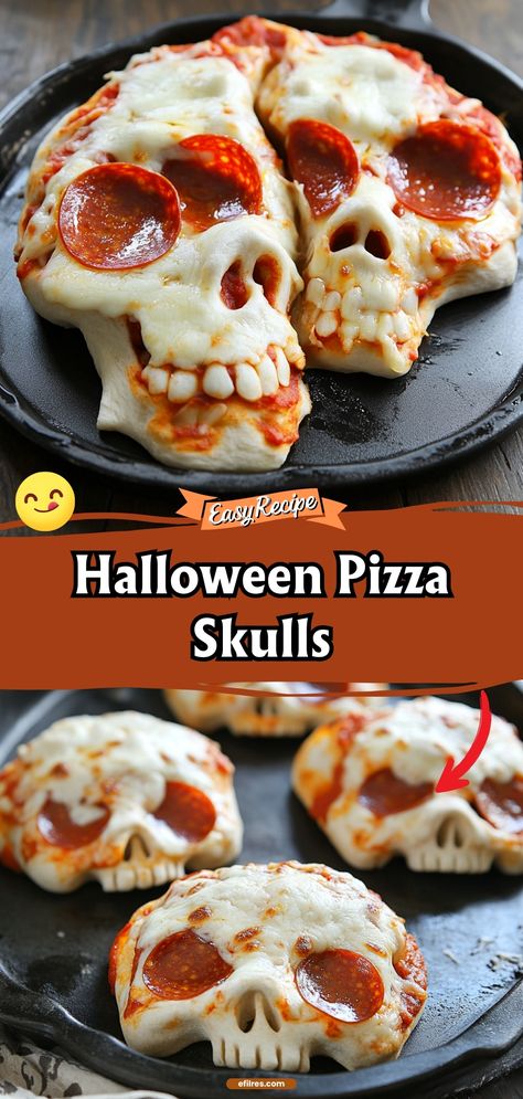 These Halloween pizza skulls are not just spooky but delicious too, filled with gooey cheese and your favorite toppings, enclosed in a crispy crust. #HalloweenPizza #SpookySnacks #PartyFood Halloween Appetizers Pizza, Halloween Party Food Pizza, Halloween Pulled Pork Ideas, Meatloaf Skull Halloween, Halloween Pizza Party Ideas, Halloween Fruit Pizza Ideas, Halloween Quick Dinner, Halloween Skull Pizza, Halloween Skull Pizzas