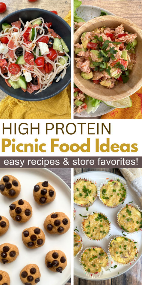 Images of 4 high protein picnic dishes High Protein Picnic Foods, Picnic Food Ideas Low Carb, High Protein Beach Snacks, Low Calorie Picnic Food, Easy Protein Recipes, Low Carb Picnic, Easy Protein Meals, Healthy Picnic, Beach Snacks