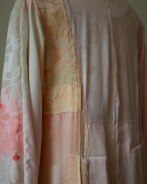 Hand-stitched details sewn with silk thread. These new and recent hand-stitched garments have been made with a range of French-seamed antique and vintage nagajuban, 長襦袢, (a traditional kimono-shaped clothing worn under the kimono by both women and men to help keep the kimono clean) I enjoy showing the natural discoloration and history of these aged textiles and adding my own through repair work and patchwork. #repair #handsewn #nagajuban #kimonoremake #handstitched #visiblemending #japane... Aged Textiles, Patchwork Repair, Traditional Kimono, Visible Mending, Japanese Textiles, Silk Thread, The Natural, Hand Stitched, Hand Stitching