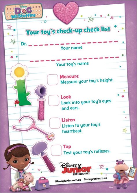 Toy Doctor Pretend Play with free Printable Doctor's Checklist | Doc McStuffins Birthday Party Ideas | Doc McStuffins Party | Doc McStuffins | Doctor Mcstuffins, Doc Mcs, Doctor Party, Lila Party, Doc Mcstuffins Birthday Party, Doc Mcstuffins Party, Doc Mcstuffins Birthday, Kids Pretend Play, Doc Mcstuffins