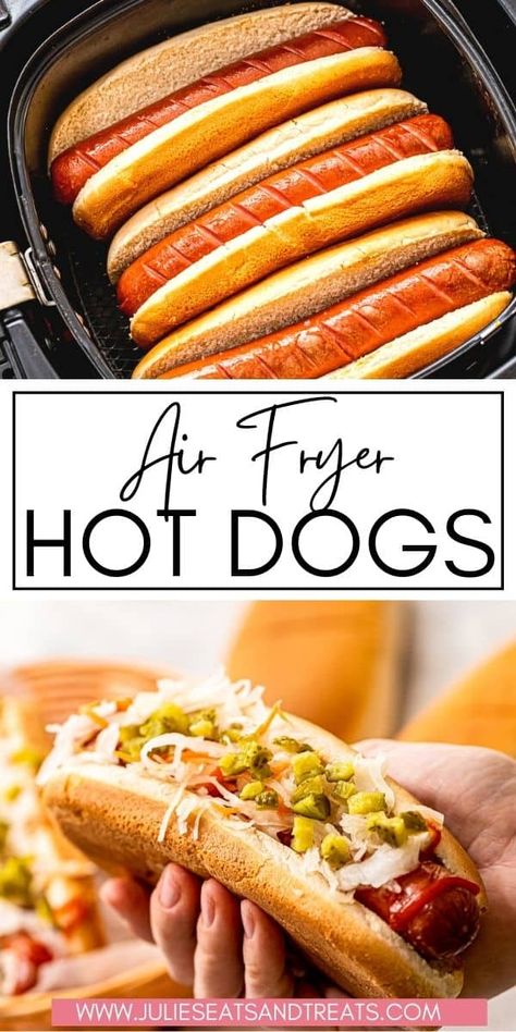 It doesn't get easier than this when the kids are craving hot dogs! Make these delicious Air Fryer Hot Dogs that are ready in less than ten minutes with a warm toasty bun to top it off with! Hot Dogs Air Fryer, Easy Air Fryer Dinner Recipes, Dinner Recipes Air Fryer, Air Fryer Hot Dogs, Recipes Hamburger, Fried Hot Dogs, Classic Grilled Cheese, The Slow Roasted Italian, Quick Pasta