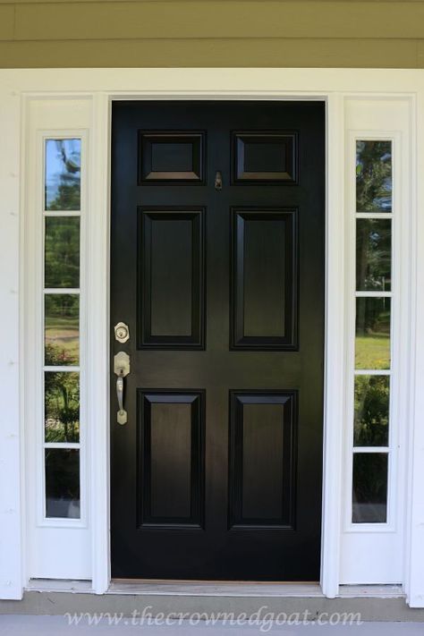 Front Door Paint with Modern Masters - The Crowned Goat Black Exterior Door With Sidelights, Best Black Front Door Paint Colors, Best Black Paint For Front Door, Black Front Door White House, Black Front Door With Sidelights, Front Doors Painted Black, Modern Masters Front Door Paint, Black Exterior Doors, Front Door Paint