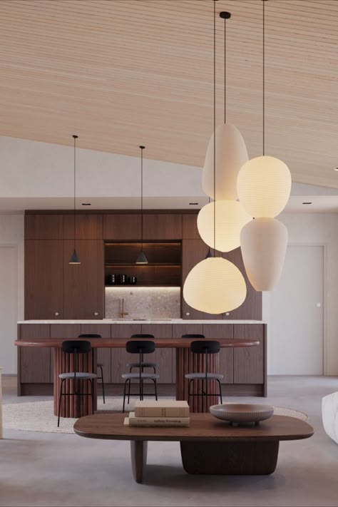 Modern Scandinavian Pendant Light, Atrium Lighting, Japandi Pendant, Contemporary Mood Board, Cozy Lamps, Scandinavian Exterior, Scandinavian Kitchen Ideas, Japanese Lighting, Log Home Kits