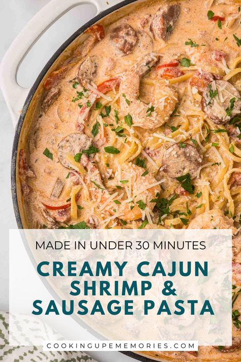 This Creamy Cajun Shrimp and Sausage Pasta is easy to make in under 30 minutes and always a family favorite! Cajun Wings Recipe, Cajun Spice Recipe, Cajun Shrimp And Sausage Pasta, Cajun Seafood Pasta, Cajun Shrimp And Sausage, Shrimp And Sausage Pasta, Cajun Sausage Pasta, Creamy Cajun Shrimp, Creamy Cajun Pasta